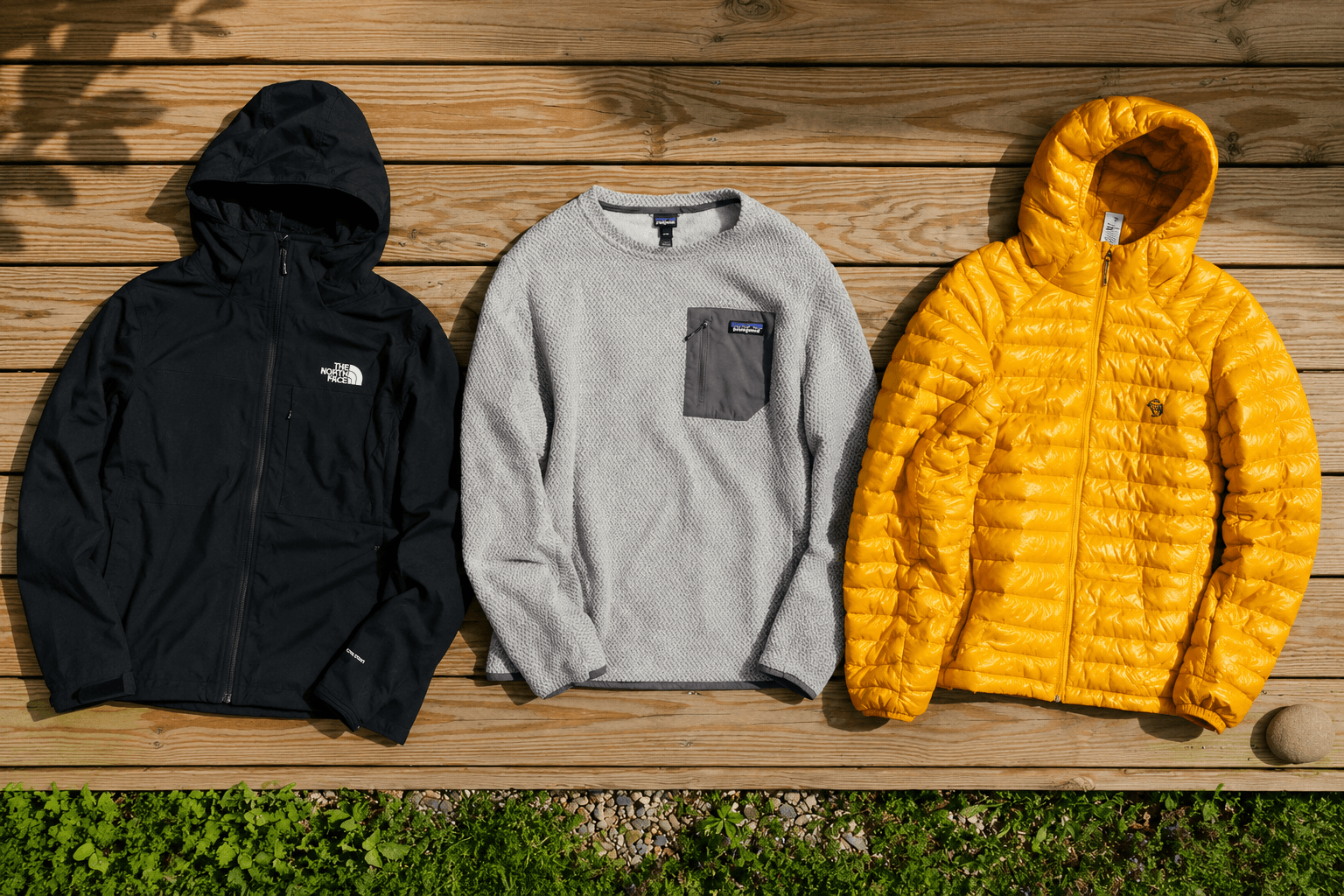 A black North Face jacket, a grey Patagonia fleece, and a yellow Mountain Hardwear puffer jacket laid on a wooden deck.
