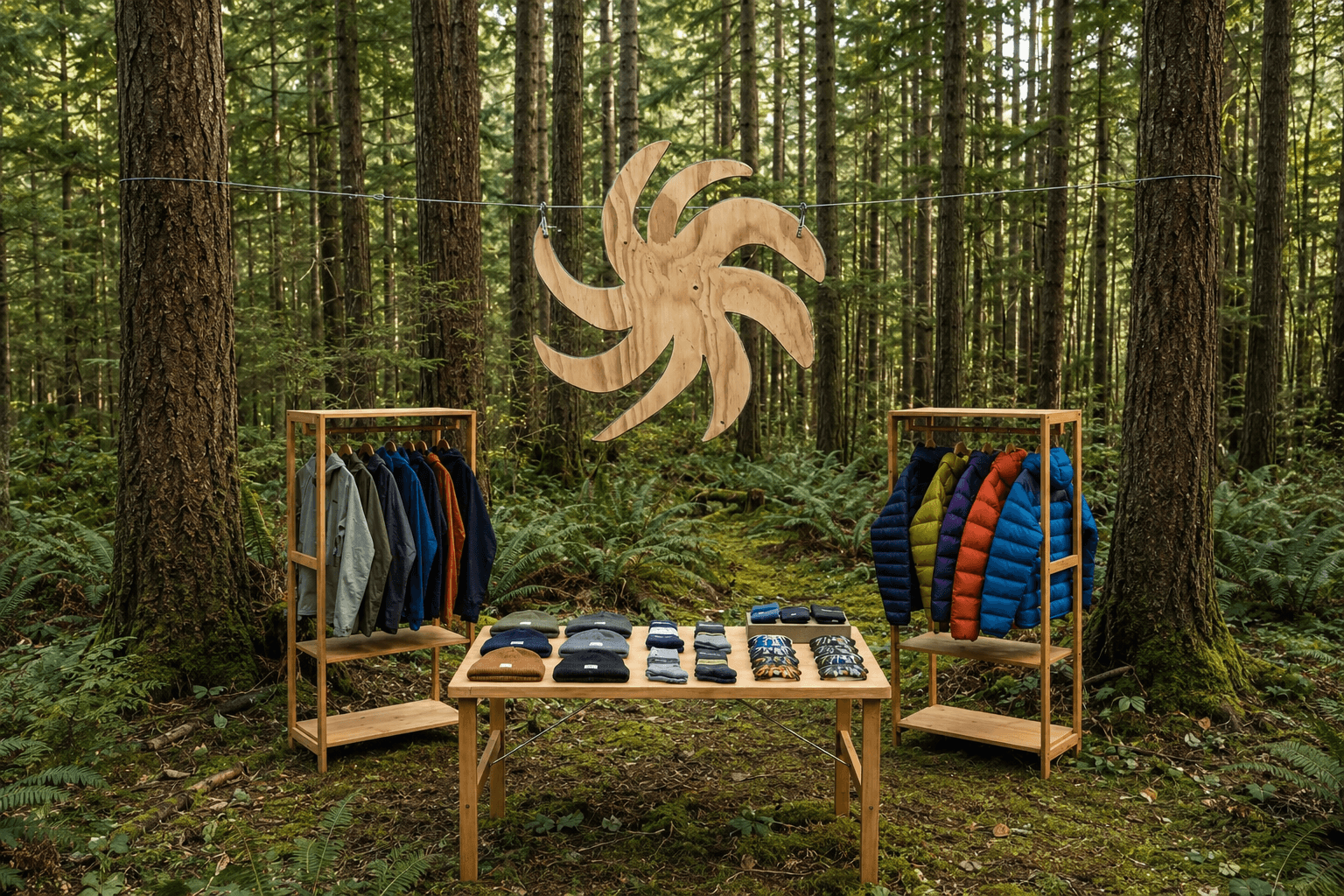 Outdoor clothing display in a forest with racks of jackets, a table of accessories, and a large wooden spiral hanging between trees.