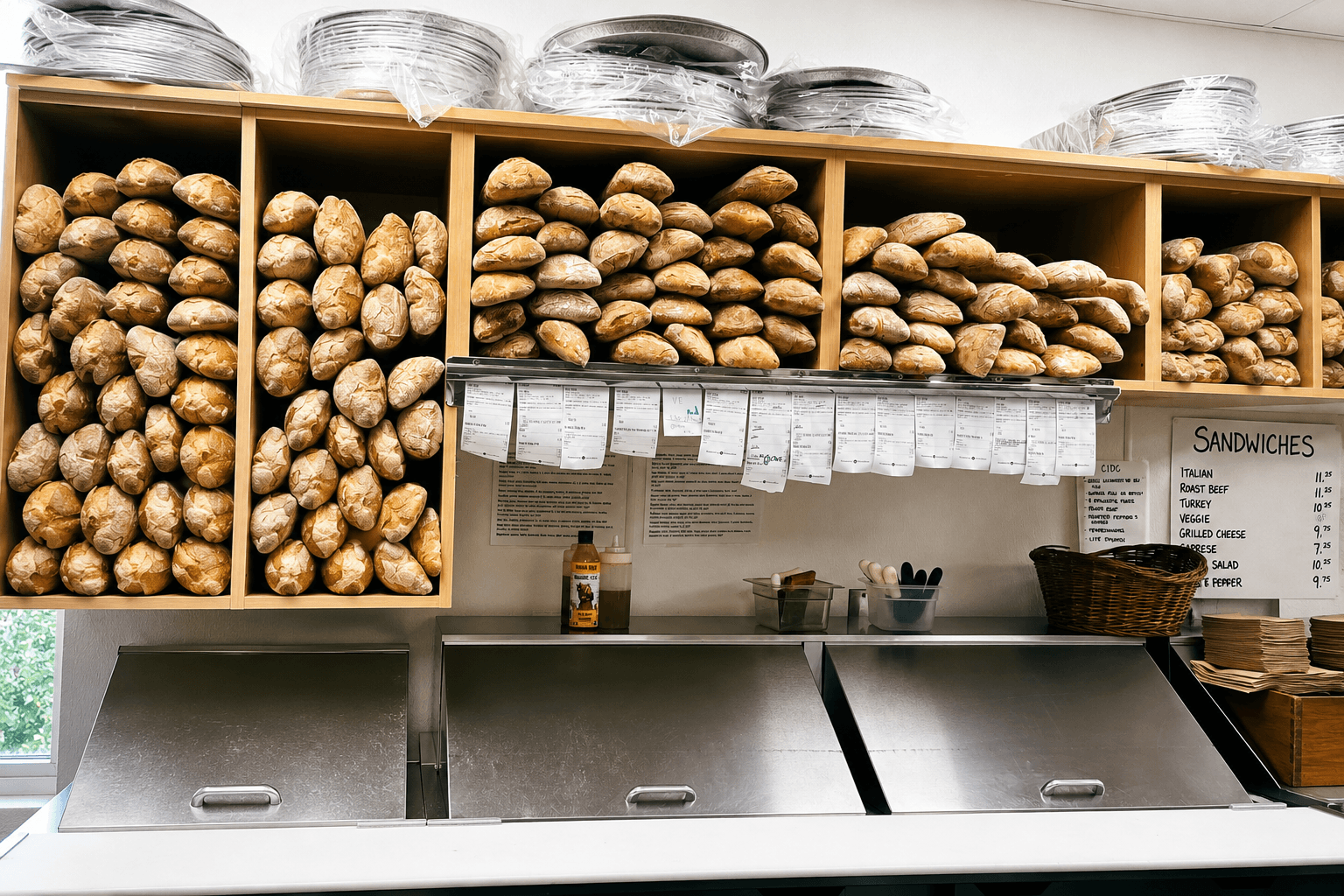 Wooden shelves filled with bread loaves above a counter with a sandwich menu.