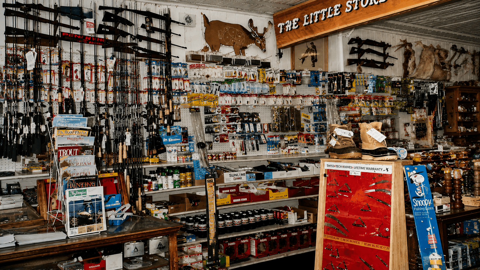 Interior of a well-stocked hunting and fishing store featuring rifles, fishing rods, tackle, boots, and a deer cutout.
